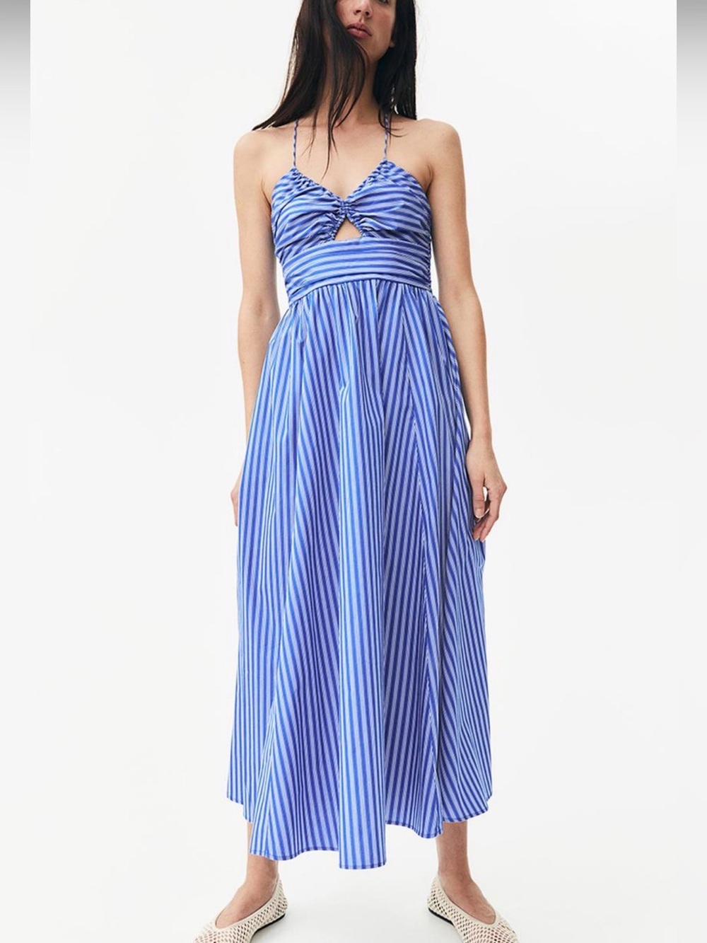 NWT H&M Blue White Striped Ruched Halter Midi Dress Size S